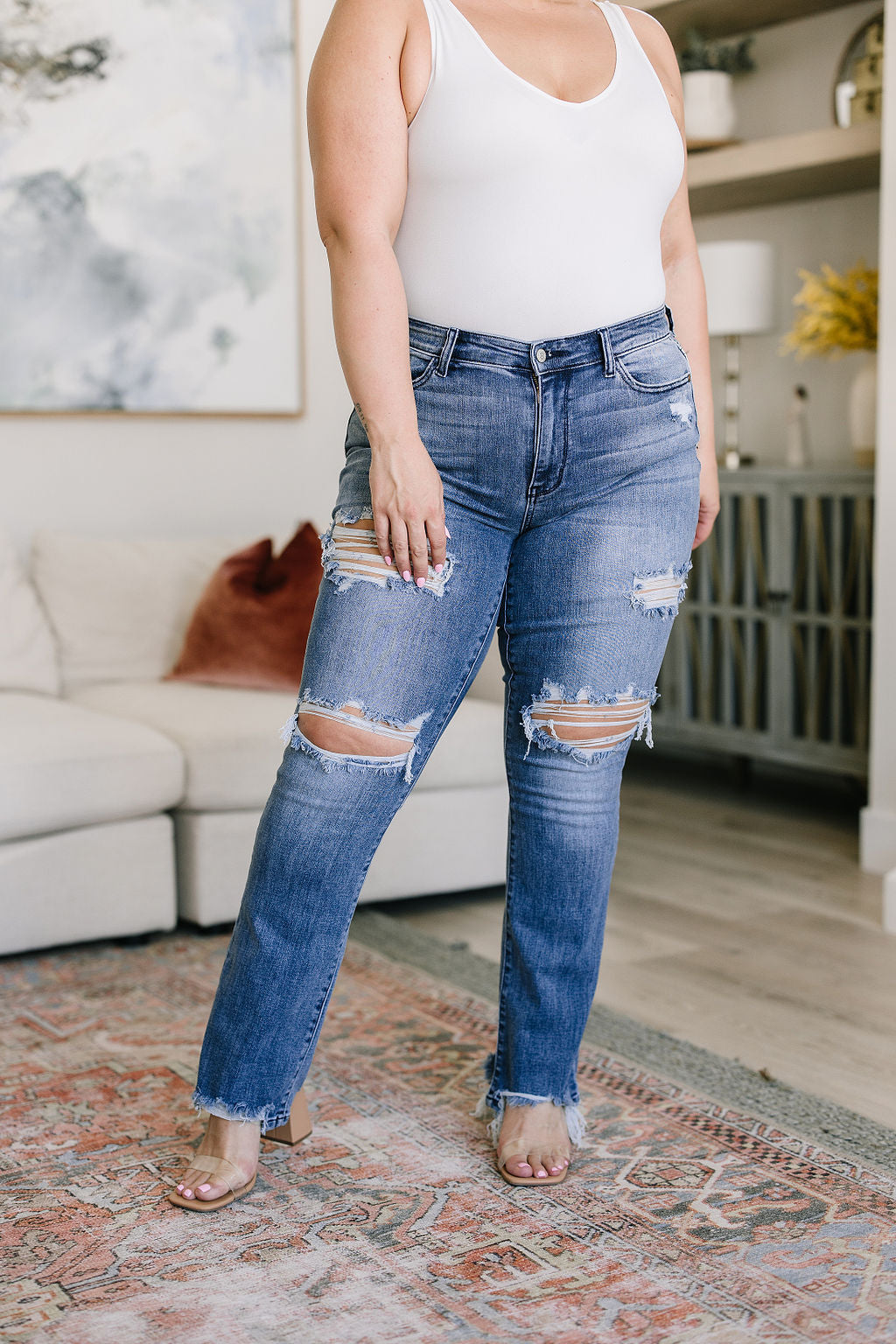 [OPEN YY] / ☆ 25SS DISTRESSED LOOSE STRAIGHT JEANS / BLUE OPEN YY Blue Distressed Loose Straight Jeans OPEN YY